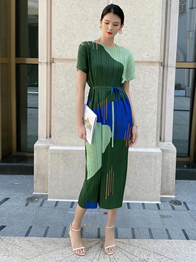 

Delocah High Quality Summer Women Fashion Runway Pleated Pencil Dress With Belt Colorblock Elasticity Loose Draped Midi Dresses