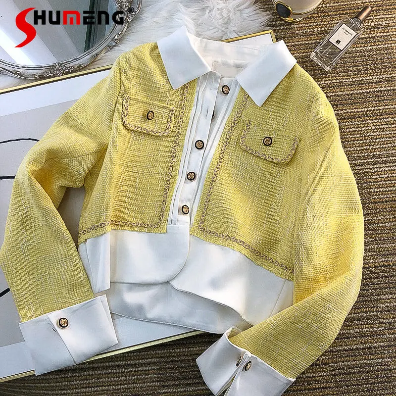 

Ladies Streetwear Stitching Elegant Classic Style Short Suit Coat Women 2022 Autumn New Fashion Retro Casual Polo Collar Jacket