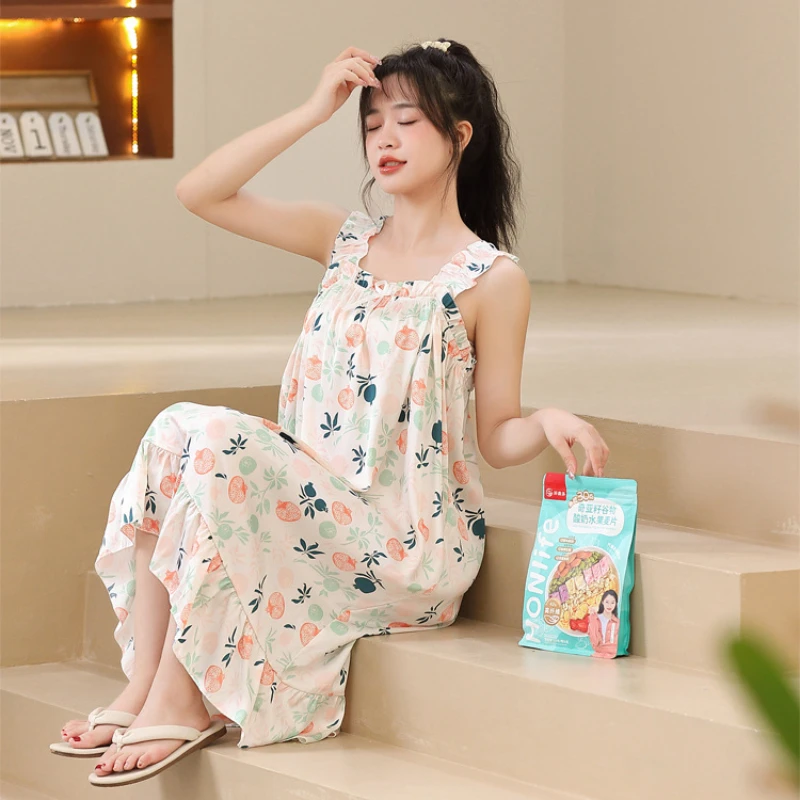2023 New Pajamas for Women's Students Summer Ice Silk Nightgowns Cute Style Breathable and Casual Sleepwear Can Be Worn Outside