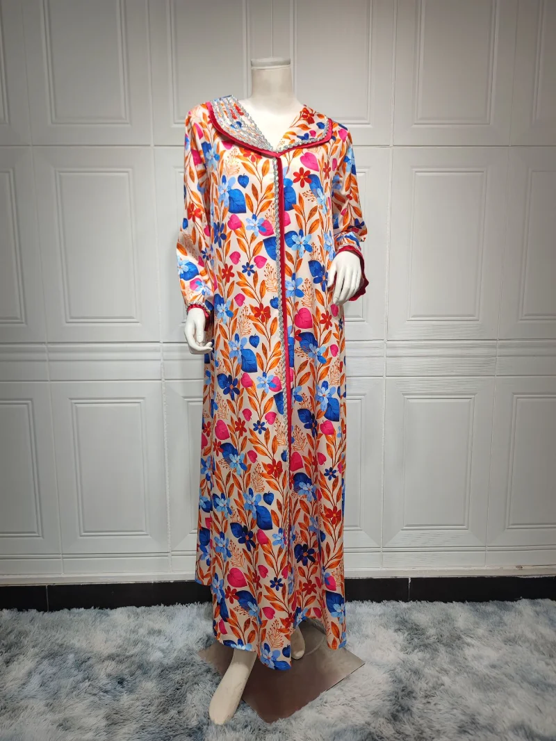 Luxury Diamonds Women Middle East Evening Dress Printing Lapel Neck Full Sleeves Elegant Muslim Arab Robe Abaya