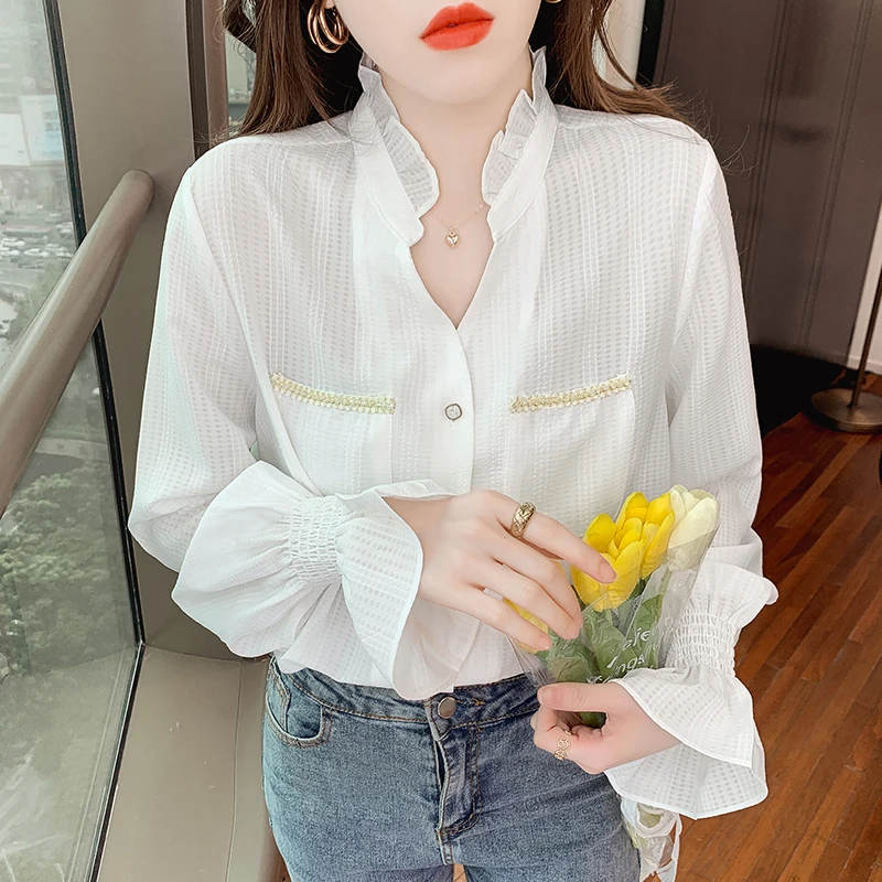 

Chiffon Loose Women's Shirt New Fashion Blouses Solid Color V-neck Top Spring Casual Long Sleeve Clothing Houthion