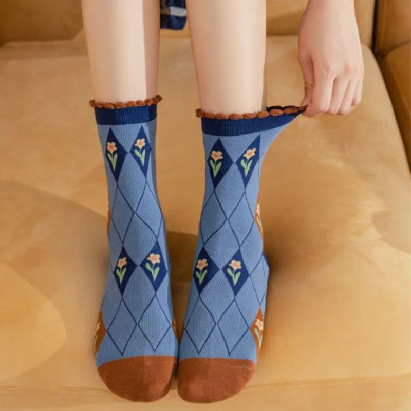 5 Pairs Middle Tube Cotton Socks Women Fashion Animal Print Kawaii Socks Long Autumn Winter Cycling Designer Brand Foot Warmers