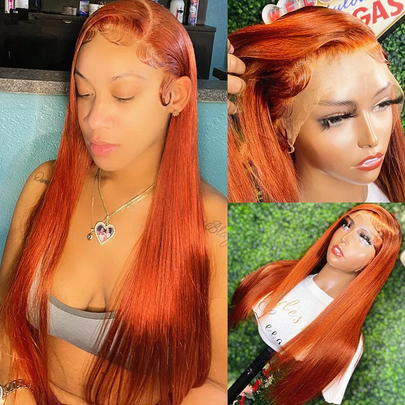 

Preplucked Soft 180%Density 26Inch Orange Silky Straight Long Natural Hairline Glueless Lace Front Wig For Women Babyhair
