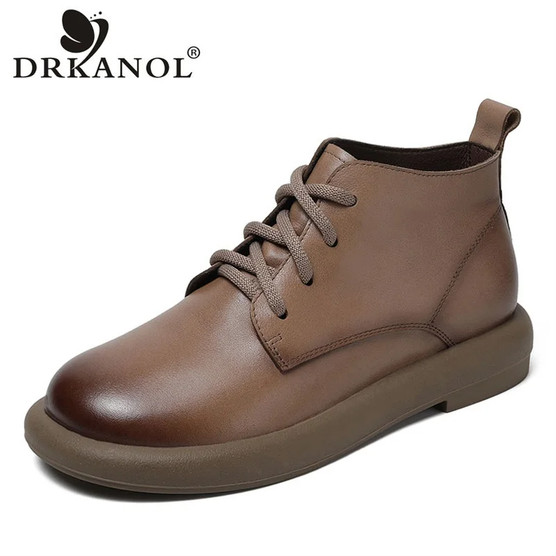 

DRKANOL Fashion Autumn Women Boots Rubber Sole Non-slip Genuine Leather Flat Heel Ankle Boots For Women Comfort Casual Shoes
