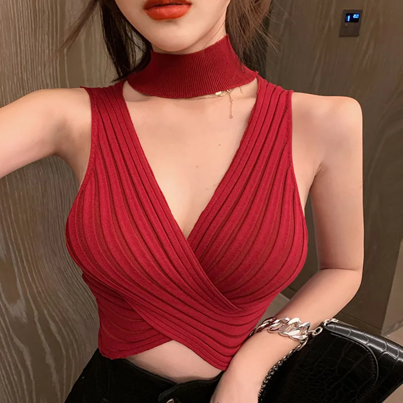 

Women Knitting Halter Neck Cropped Tank Tops Female Knitted Crossed Sexy Camisole Sleeveless Solid T shirts Crop Tops