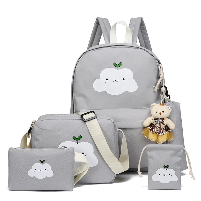 

Fresh Canvas Backpack Elementary School Casual Simple Five-piece Set of Solid Color Cloud Pattern Design Girl Backpack