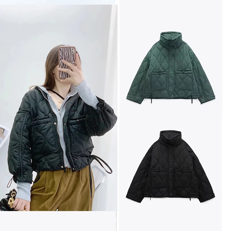 

Xitimeao Stand Collar Long Sleeves Lingge Winter Warm Hood Women Cotton Clothes Vintage Loose Quilted Jacket Chic Tops Female