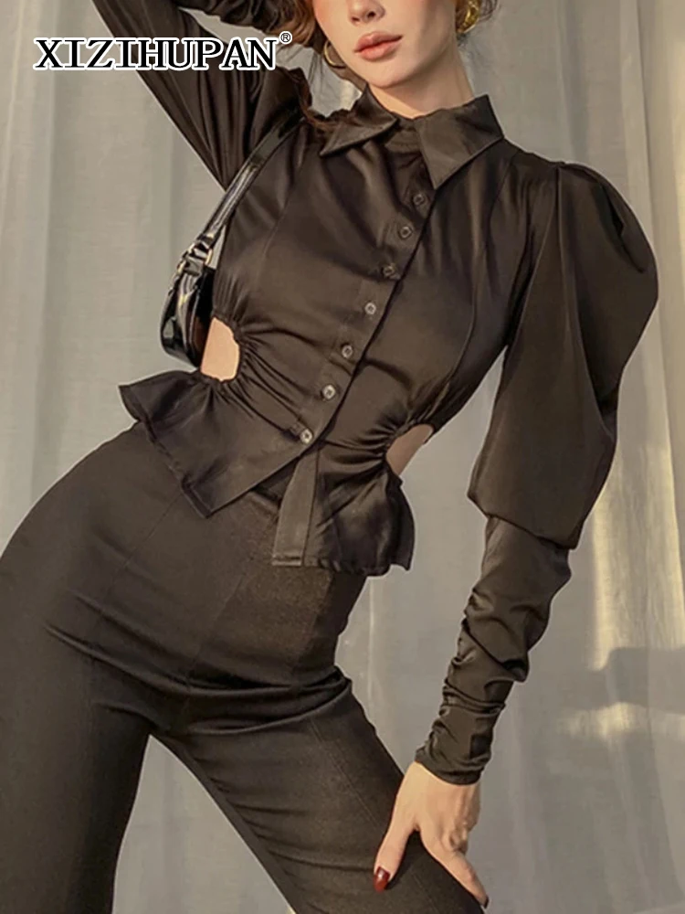 

XIZIHUPAN Hollow Out White Shirt For Women Lapel Long Sleeve Single Breasted Solid Blouses Female Fashion 2022 Spring Clothing