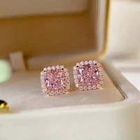 exquisite fashion princess cut square pink crystal zircon stud earrings for women temperament elegant party prom jewelry