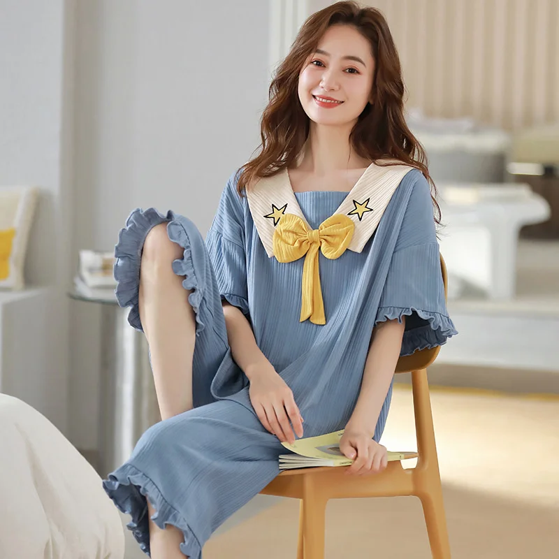 Cotton Pajama Sets Women Two Piece Short Sleeved Clouds Printing Knitted Homewear Pajamas Sets Pyjamas Ladies Sleepwear Pijamas
