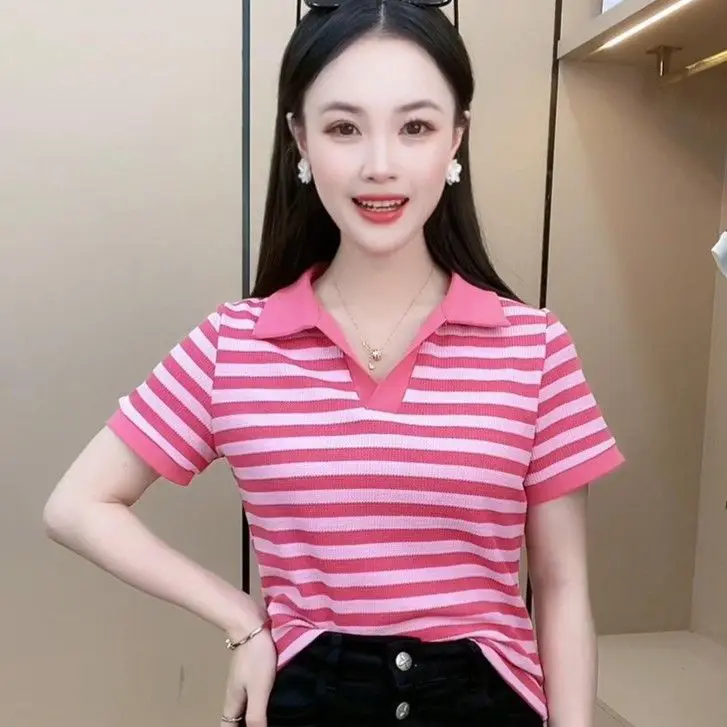

Contrast Color Striped Polo Collar Short Sleeve T-shirt Women's 2023 Summer Leisure Anti-Aging T-shirt Ice Silk Half Sleeve Top