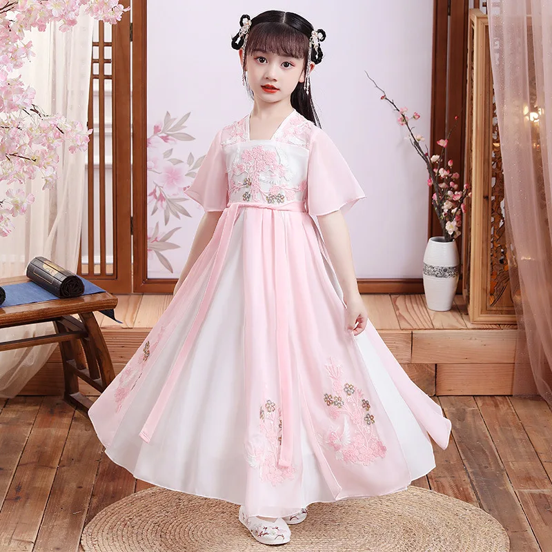 

New Chinese Style Embroidery Fairy Dress Girls Fluffy Short Sleeve Costume Kid Party Evening Performance Princess Skirt Hanfu