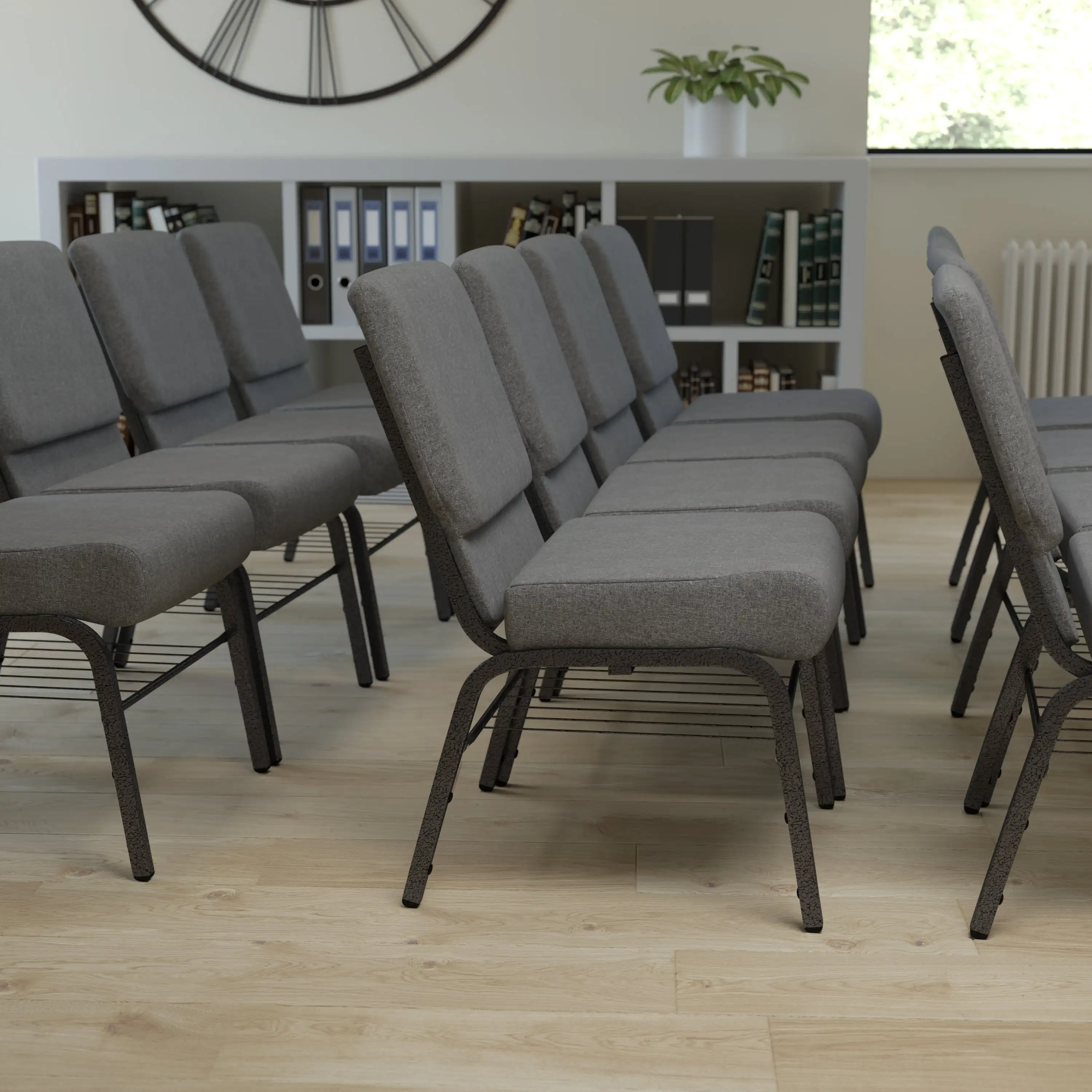 

Flash Furniture HERCULES Series 21''W Church Chair in Gray Fabric with Book Rack - Silver Vein Frame