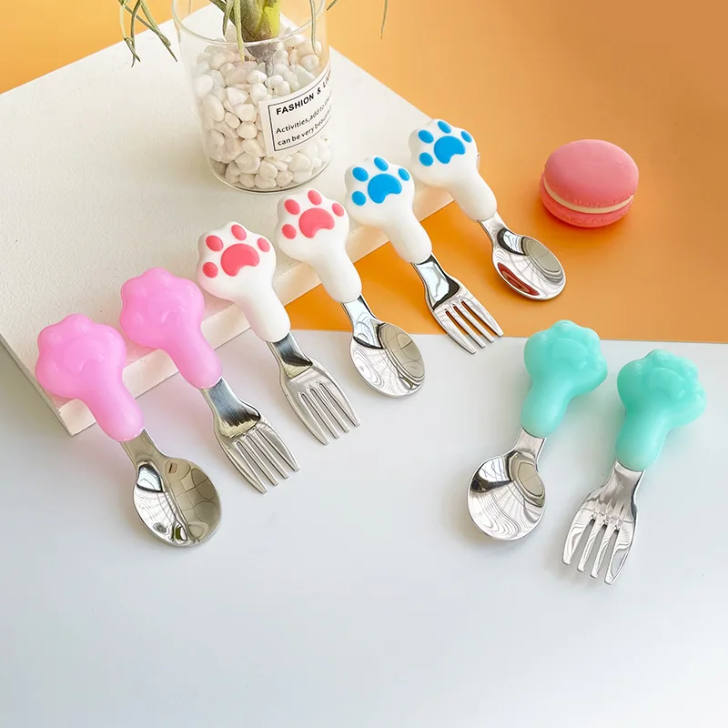

Baby Spoon Fork Learn To Eat Training Children Utensil Stainless Steel Toddler Dinnerware Cute Cartoon Infant Feeding Gadgets