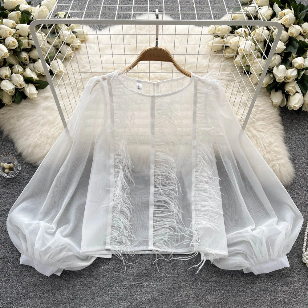 

Autumn Blouse for Women White/Black Loose Lantern Sleeve Mesh Patchwork Female Tops See Through Round Neck Blusas Vacation New