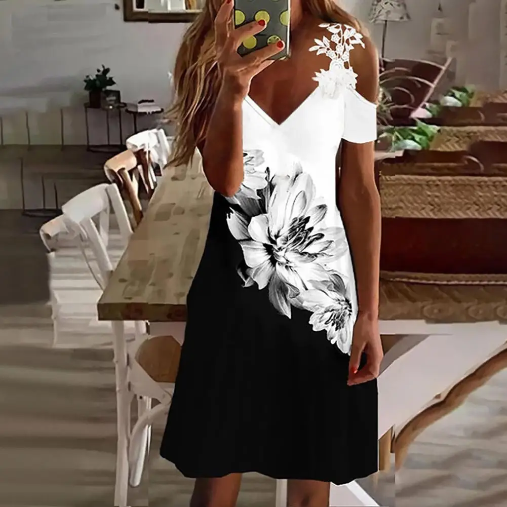 

Popular Summer Dress Ladies Women Dress V Neck A-Line Mid-Calf Dress High Waist