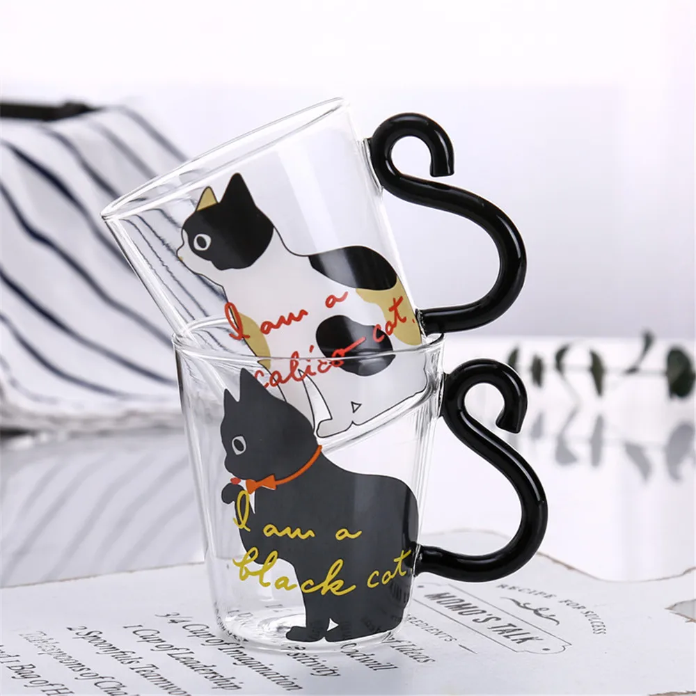 

2022 Cute Cat Glass Juice Coffee Cup Milk Tea Coffee Glass Mug Cat Tail Handle Cat Valentine's Day Lover Gifts Stainless Spoon