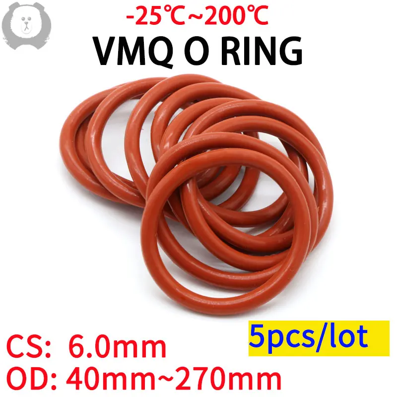 

5pcs Red VMQ Silicone Ring Gasket CS 6mm OD 40 ~ 270mm Silicon O Ring Gasket Food Grade Rubber o-ring vmq assortment hvac tools