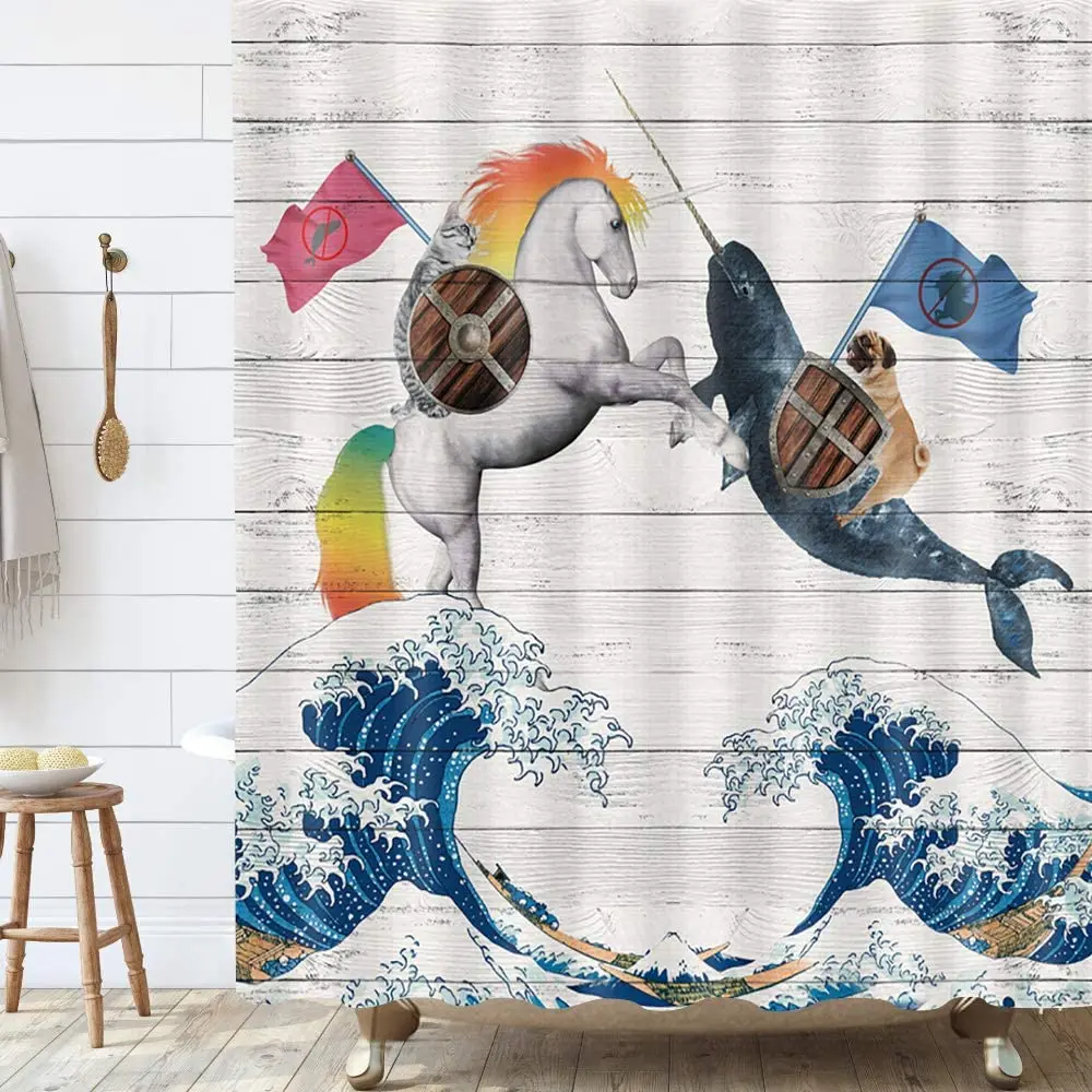 Забавная душевая занавеска для собак и кошек шторка езды на кошке единороге