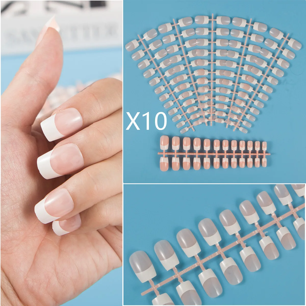 

10 Sets/Lot Durable UV Coat French Style Square False Nail Tips for Press on Square Nails DIY Middle Length Full Cover
