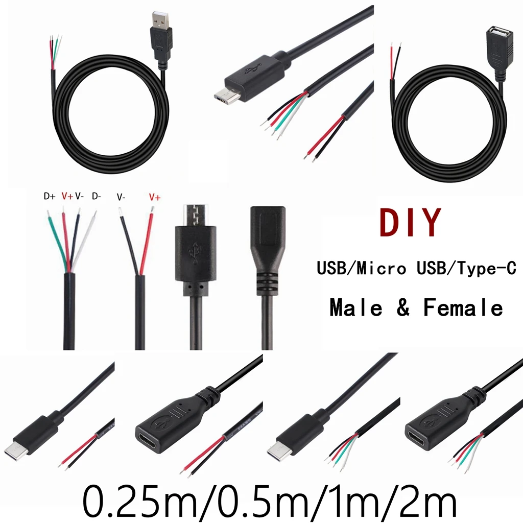 Micro USB Type-C Power Supply Cable 2 Pin USB 2.0 A Female male 4 pin wire Jack Charger charging Cord Extension Connector DIY