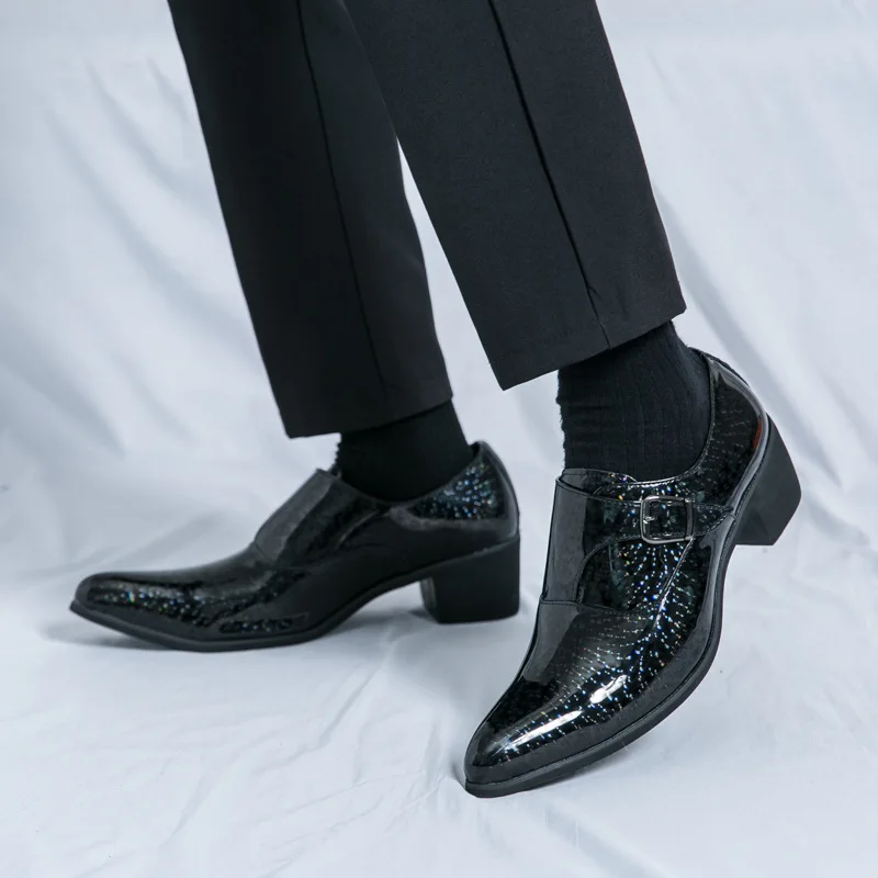 Синие яркие мужские модельные туфли Кожаные на высоком каблуке с острым носком