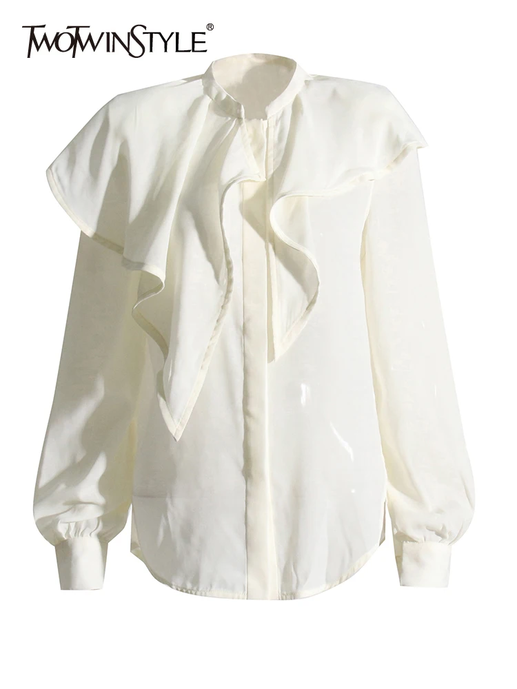 

TWOTWINSTYLE Solid Patchwork Single Breasted Casual Loose Shirts For Women Round Neck Long Sleeve Minimalist Shirt Female New