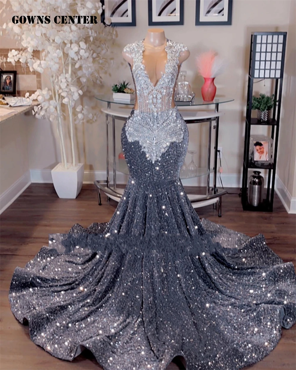 

Grey Sequin Crystal Beading O Neck Prom Dresses 2023 Luxury Gowns Mermaid Dress For Party Wedding Evening Formal Gowns vestidos