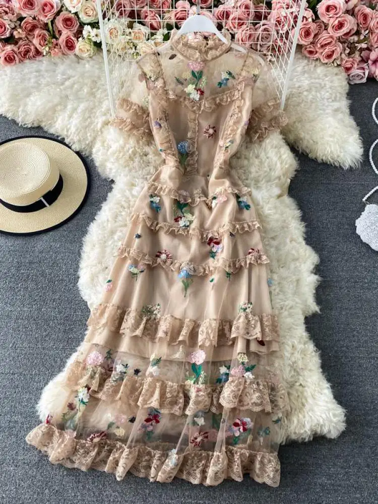 

ZCWXM Summer Bohemian Mesh Floral Embroidered Dress Women Short Sleeve Gorgeous Flower Cascading Ruffles Elegant Party Vestido