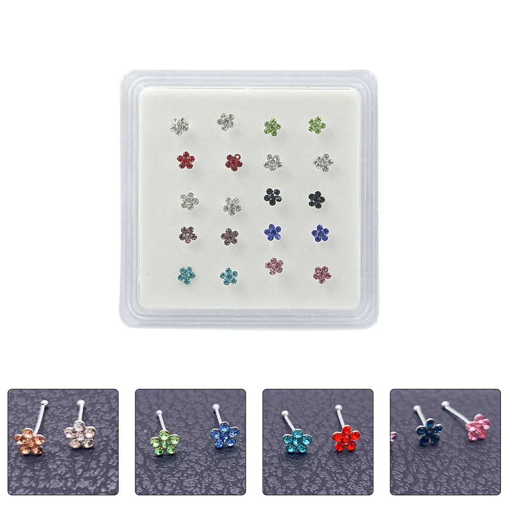 

20 Pcs Boxed Nose Studs Diamond Nose Ring Nose Screw Nose Rings Flower Shape Nose Studs Body Nose Accessories