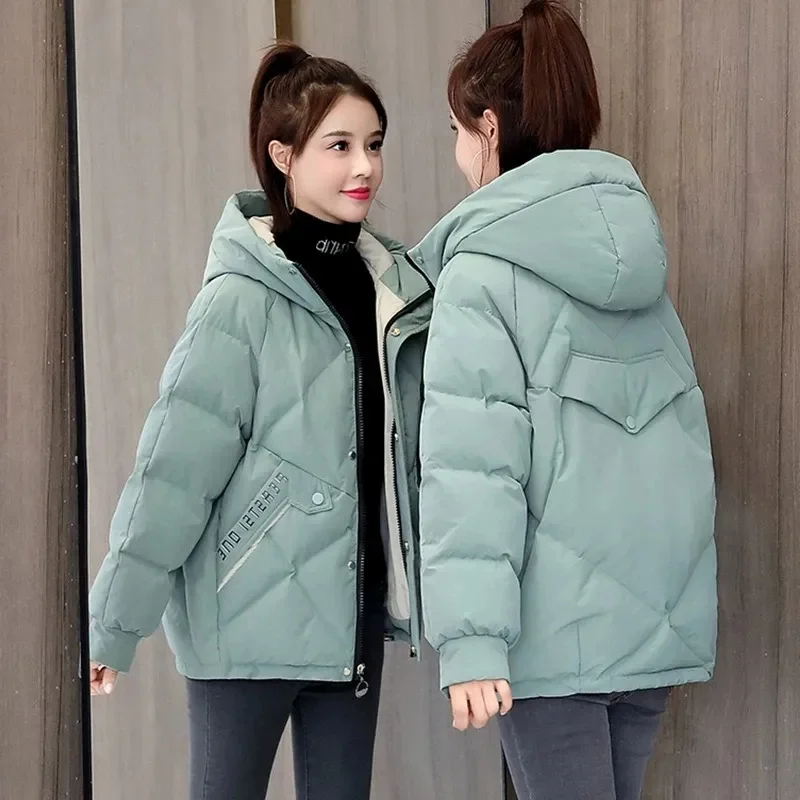 Padded Female Coat Winter 2022 Winter Korean Version Loose Hooded Small Mid-length Printed Cotton-Padded Jacket Women's Clothing
