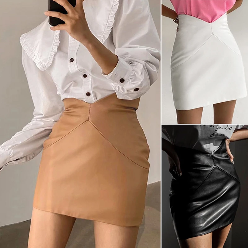 Women's Pu Leather Bag Hip Skirt Fashion Leather Sexy High Waist Bag Hip Stretch Half-Length Leather Skirt
