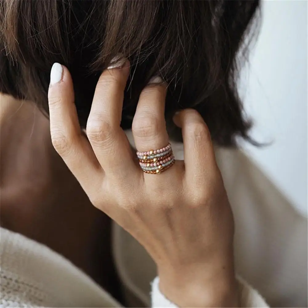 

2022 Natural Stone Rings for Women with Stainless Steel Beads Multi Color Stretch Rope Adjustable Gifts Wedding Party Birthday