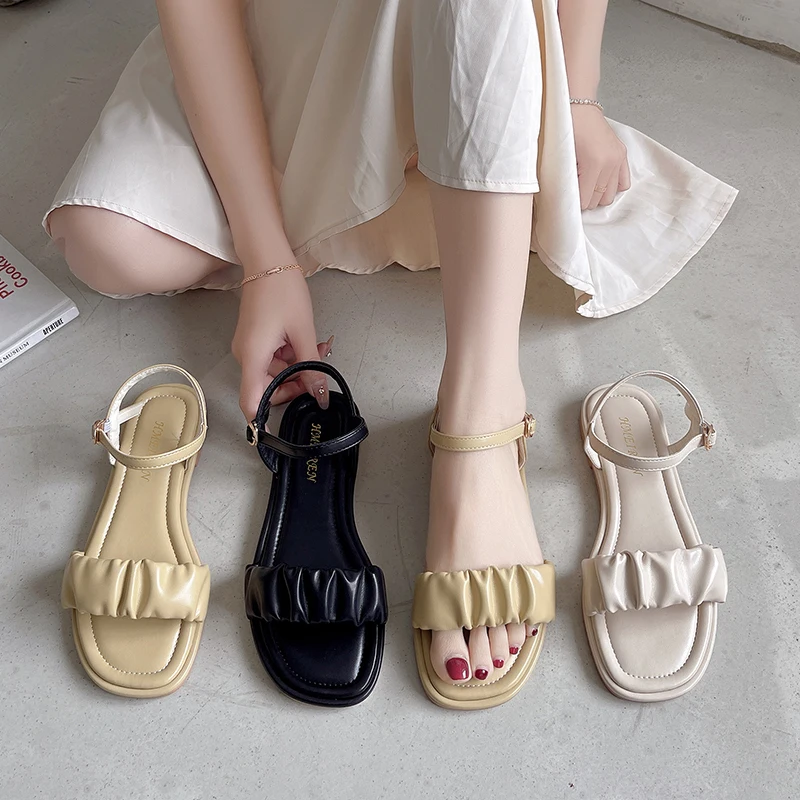 

Clear Heels Comfort Shoes for Women Female Sandal Buckle Strap 2022 Summer Girls Fashion Flat Beige New Low Gladiator Basic Casu