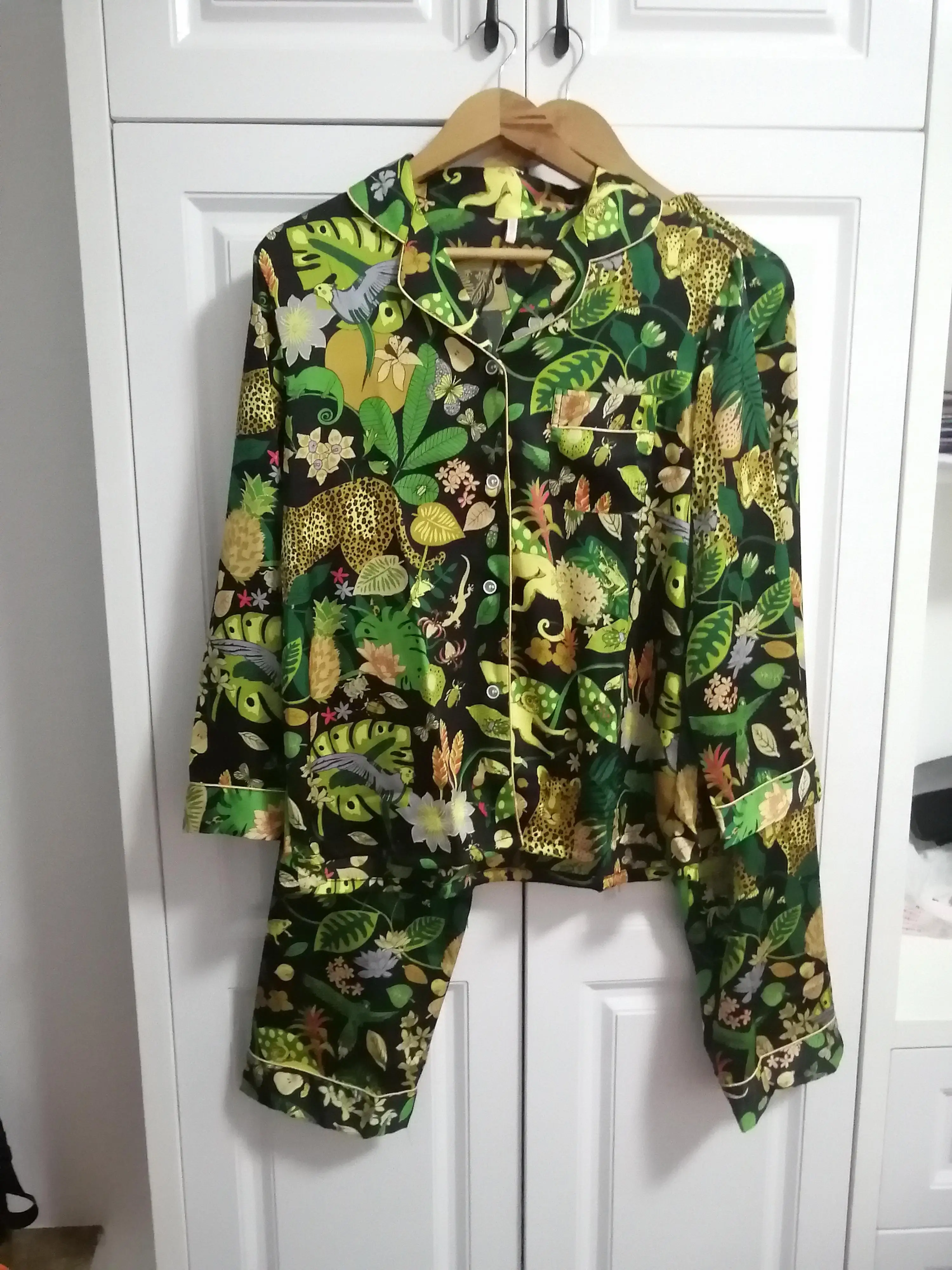 Silk Satin Forest Green Printed Pajama Set Homewear Sleepwear for Women Summer 2 Pieces Long Sleeve Pyjama Homewear 2023 New