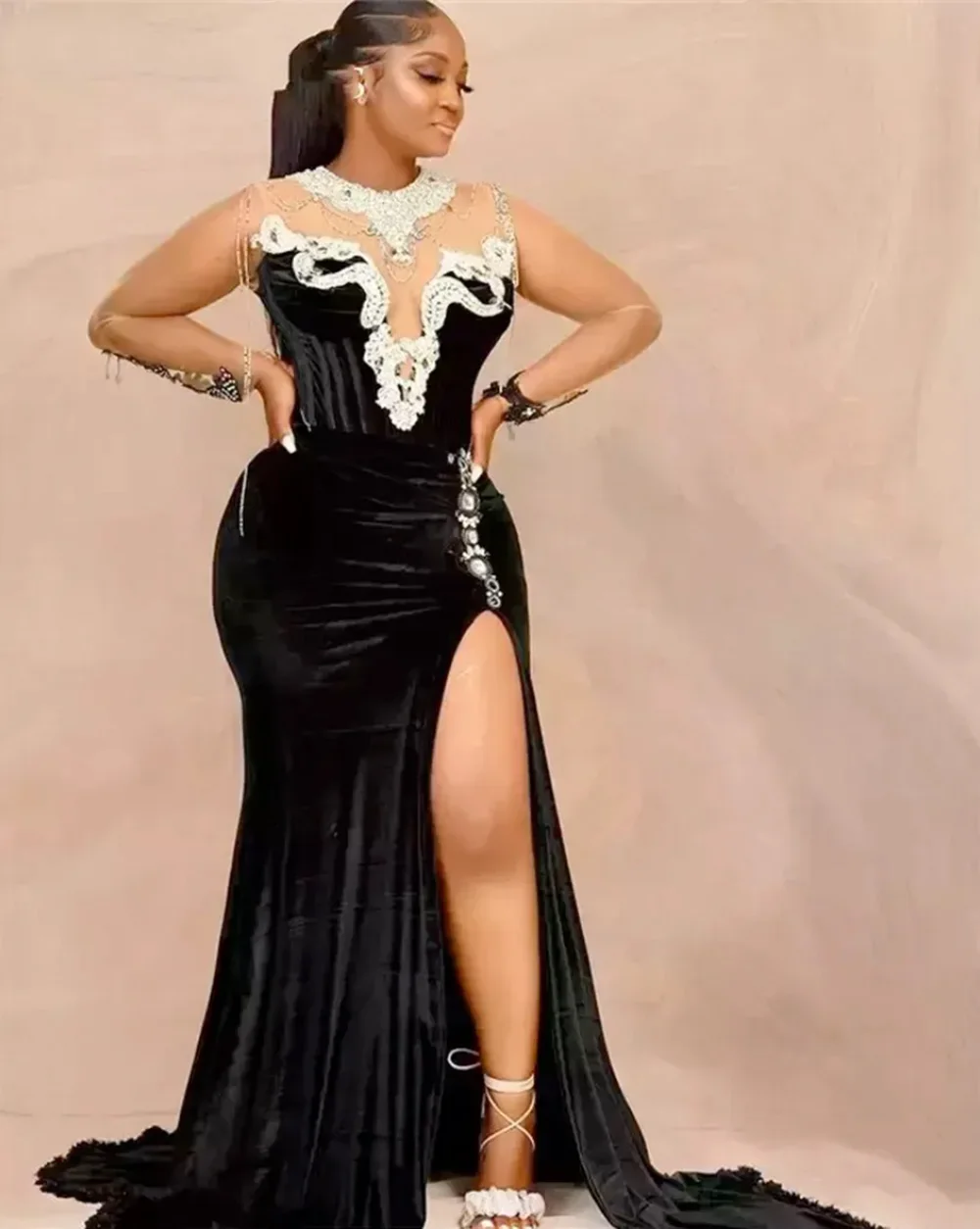 

New Black Mermaid Prom Party Gown High Neck Long Sleeve Floor-Length Sweep Train Applique Beaded Crystal long Split Illusion