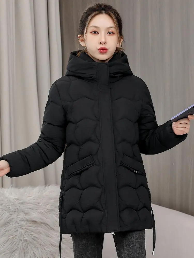 MEILLY DOLPHIN 2023 New Korean Fashion Elegant Women Padded Cotton Coat Hooded Parkas Solid Meidum Long Warm Women Winter Jacket