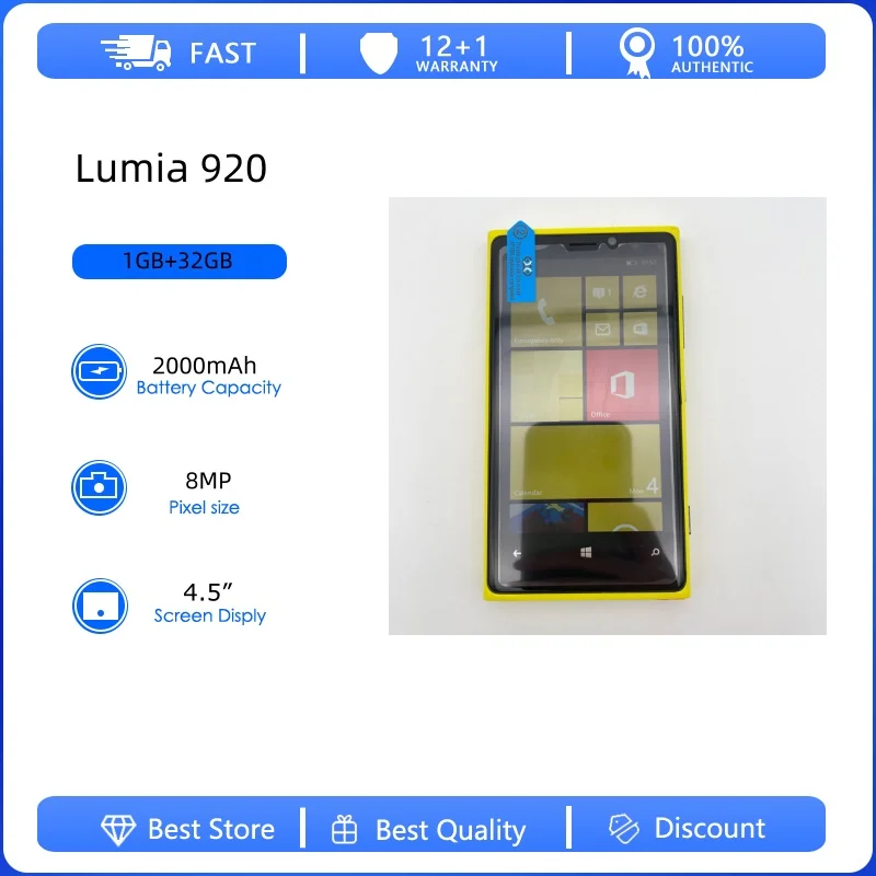 Фото Разблокированный восстановленный оригинальный мобильный телефон Lumia 920 4G с одной SIM-картой GSM 900/1800, 2000 мАч, 8 МП, сделано в Финляндии №1