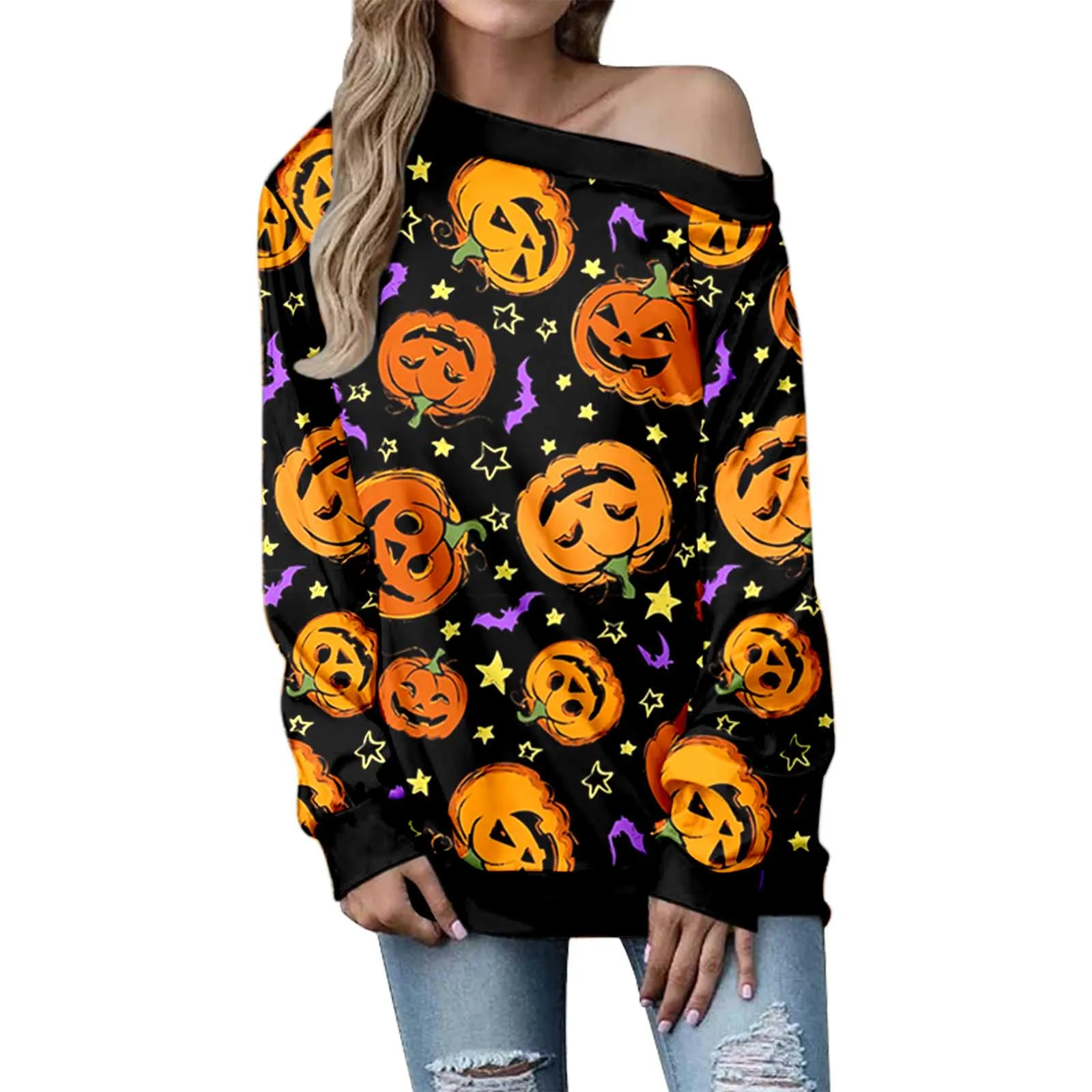 

Halloween Pumpkin Print Sexy Skew Neck Sweatshirt Autumn Harajuku Oversized Women Sweatshirts Streetwear Casual Loose Long Tops