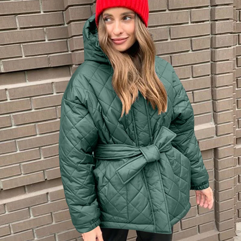 

Fashion Long Sleeve Zip-up Hooded Parkas For Women Bandage Cotton Padded Quited Coats with Belt Ladies Jackets Streetwear 2023
