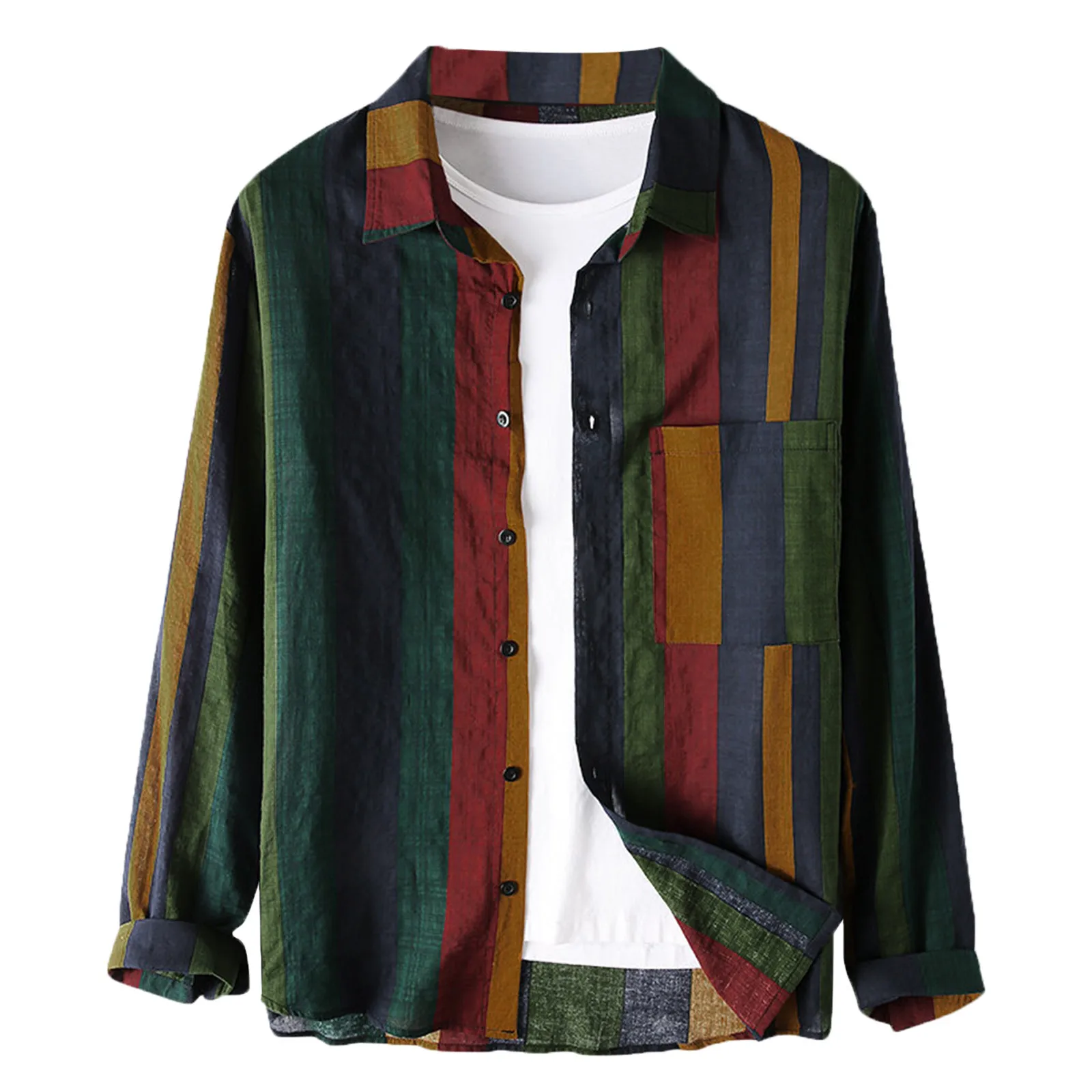 

2021 Fashion Men's Shirt Contrast Lapel Mixcolor Striped Bottom Long-sleeved Shirts for Men Casual Top Blouse Men's Chemise