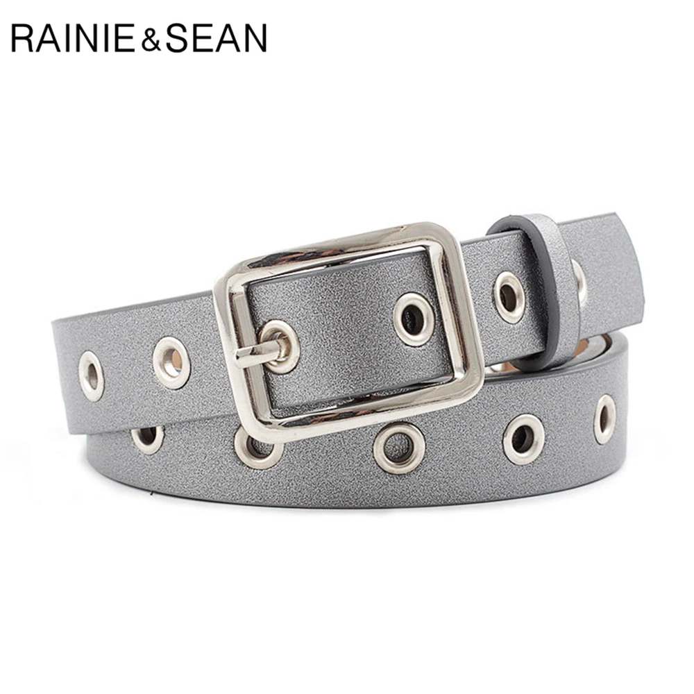 

RAINIE SEAN Women Belt with Holes Silver Pink Black Blue Trouser Belt Female Pin Buckle Casual Ladies Waist Belt Fashion