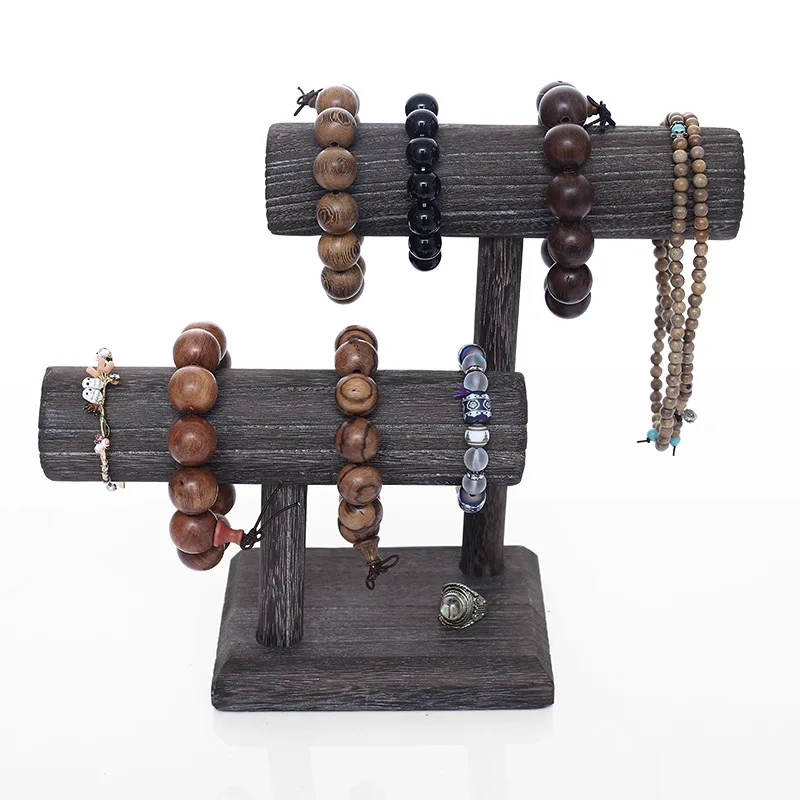 Distressed Vintage Bracelets Watches Head Rope Hair Tie Storage Rack, Light Wooden Jewelry Display For Exhibition