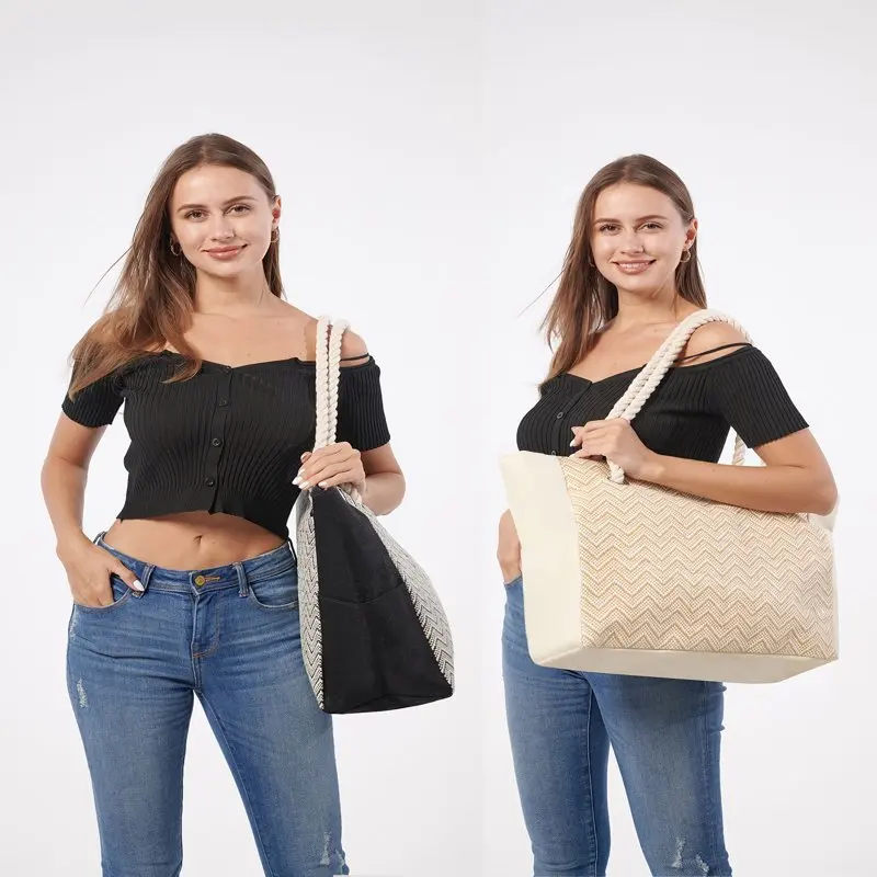 Large Capacity Beach Bags for Women Durable Waterproof Canvas Beach Tote Shoulder Bags Vintage Striped Woven Handbag With Zipper
