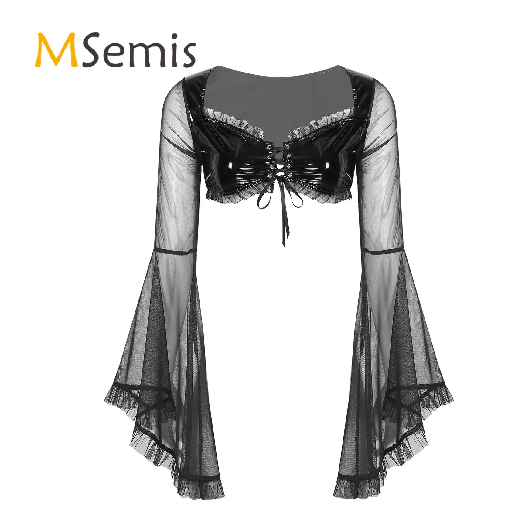 

Womens See-through Mesh Summer Crop Tops Festival Rave Outfit Lace-up Frilly Trim Patent Leather Flare Sleeve Tops Punk Clubwear
