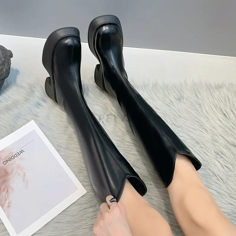 Boots 2023 Autumn Winter New Leather Thick Soled Riding Women's Chelsea Ytmtloy Knee High Square Toe Botines De Mujer Rubber