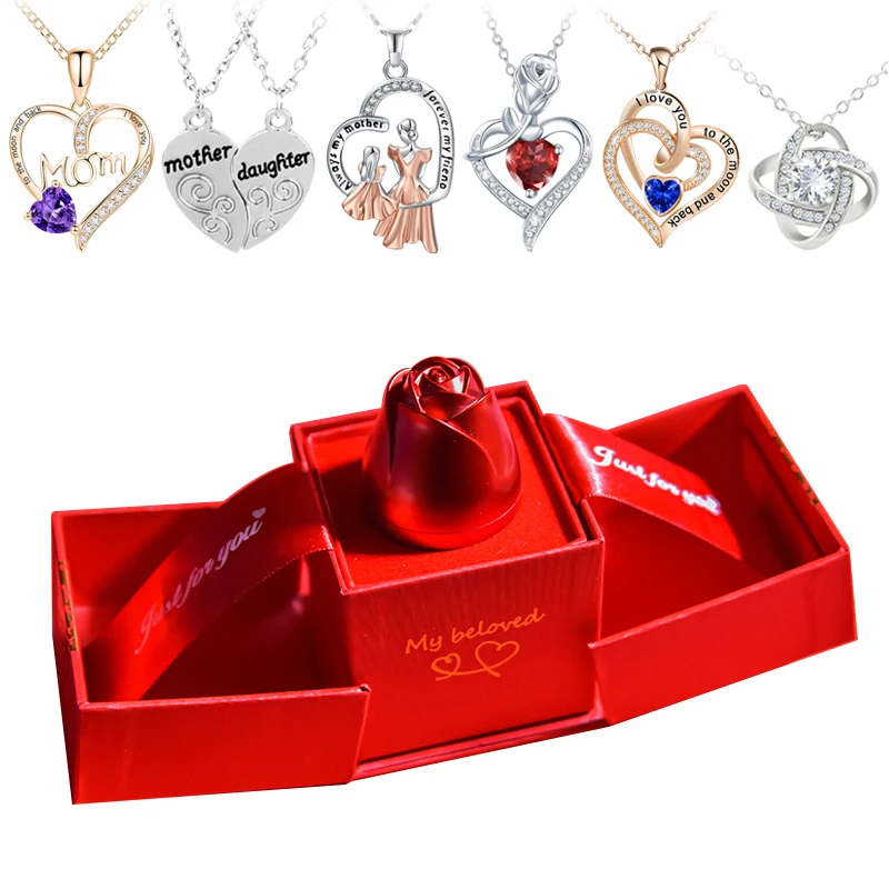

Gifts for Her Rose Lift Jewelry Box /w Crystal Love Pendant Necklace Set Flower Gift Box for Girlfriend Wedding Valnetine Gifts