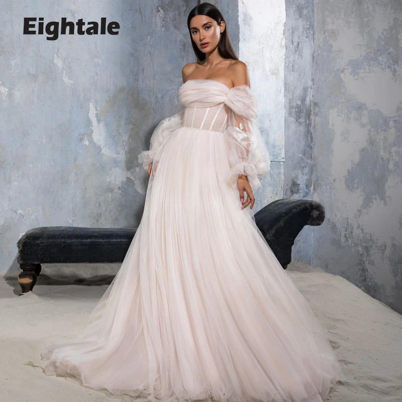 

Eightale Boho Wedding Dresses Puffy Sleeves Strapless Appliques Lace Tulle Elegant Bridal Gown Princess vestidos de novia