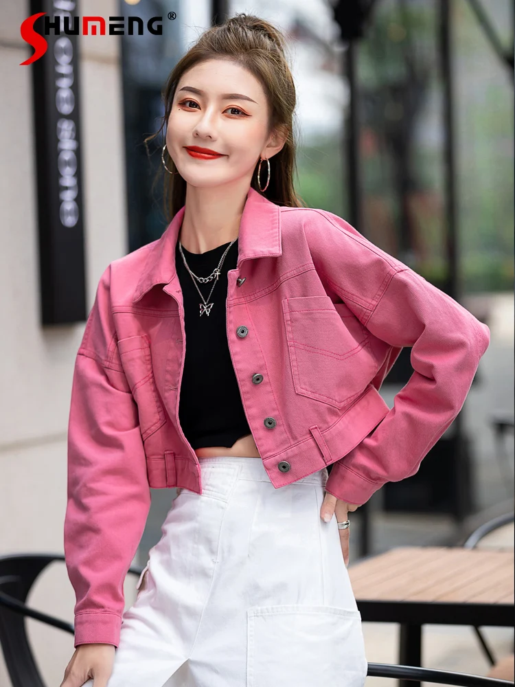 

Casual Short Denim Coat for Women 2022 Spring New Trendy Ins Women's Rose Red Single-breasted Polo Collar Cropped Jean Jacket