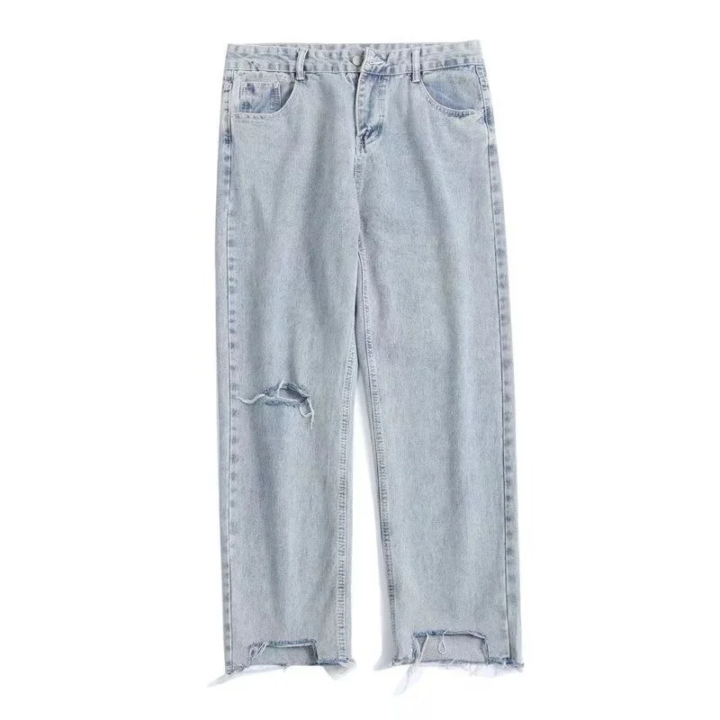 Summer Blue Ripped Jeans Men Fashion Casual Wide Leg Jeans Men Streetwear Loose Hip Hop Hole Denim Pants Mens Trousers S-5XL